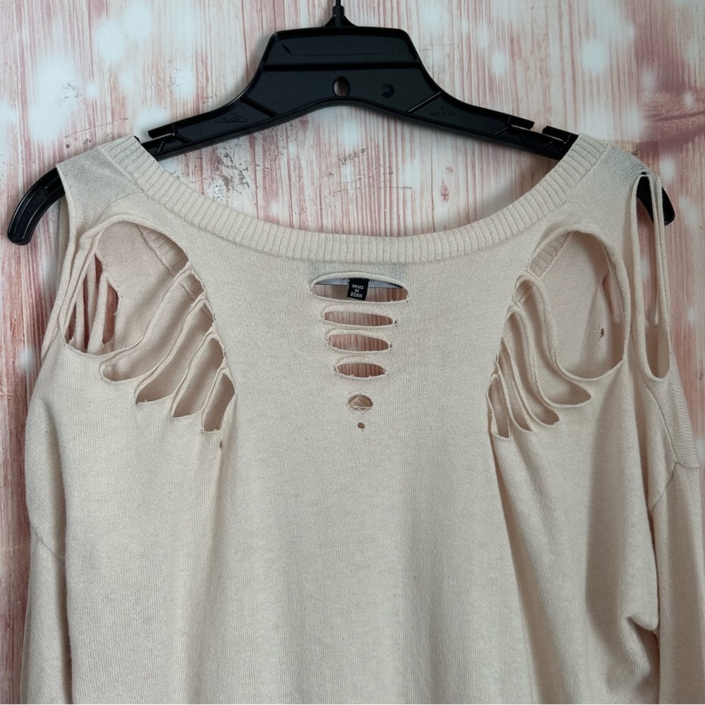 Central Park West Revolve Distressed Ripped V-neck Sweater Cream XS - Picture 13 of 16